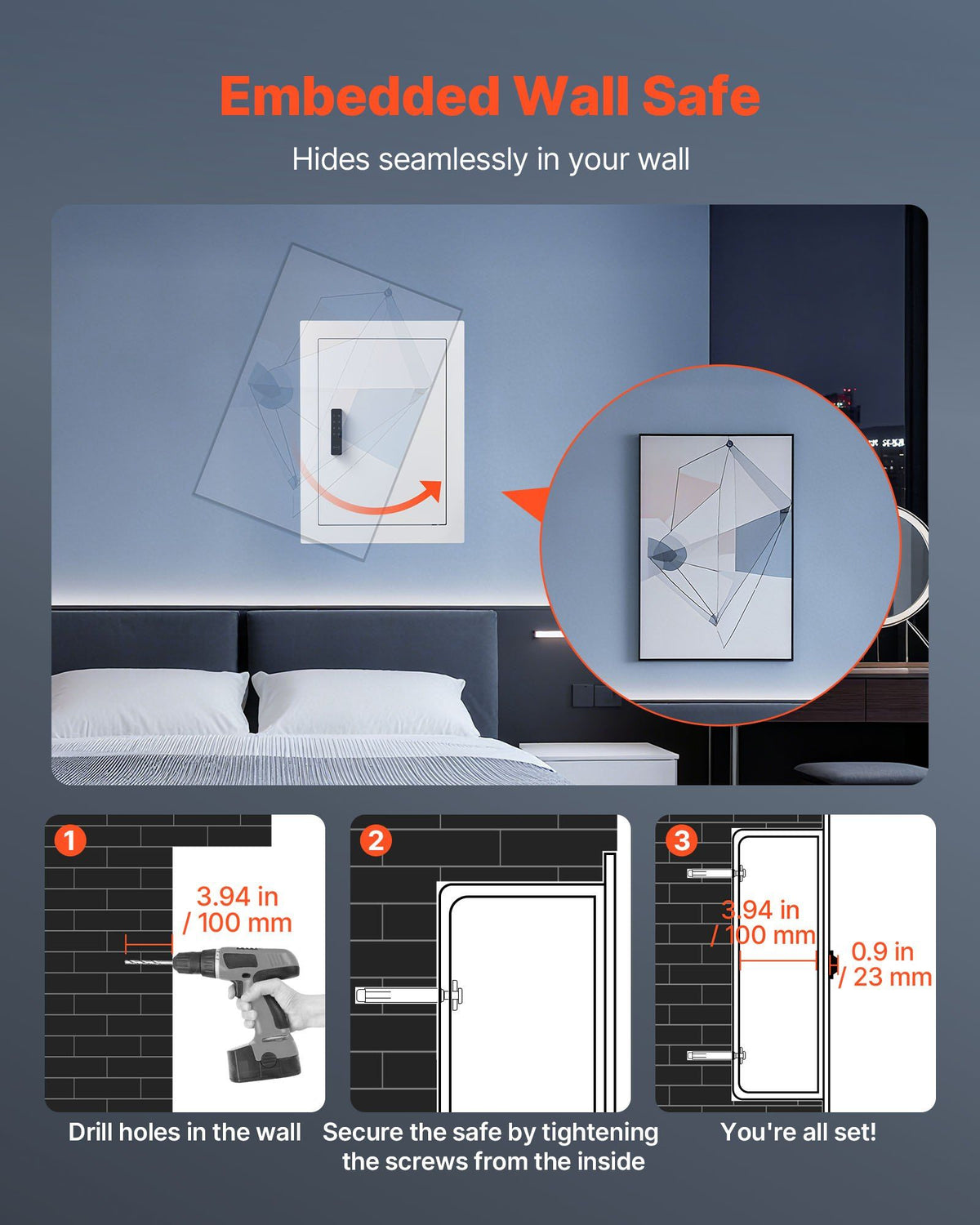 0.83 sq.ft Wall Safe, 3-Tier Hidden Wall Safe with Password, Key & Turning Knob, Q235 Cold-Rolled Steel V952-BGBXJ4162522X2SV6001V9