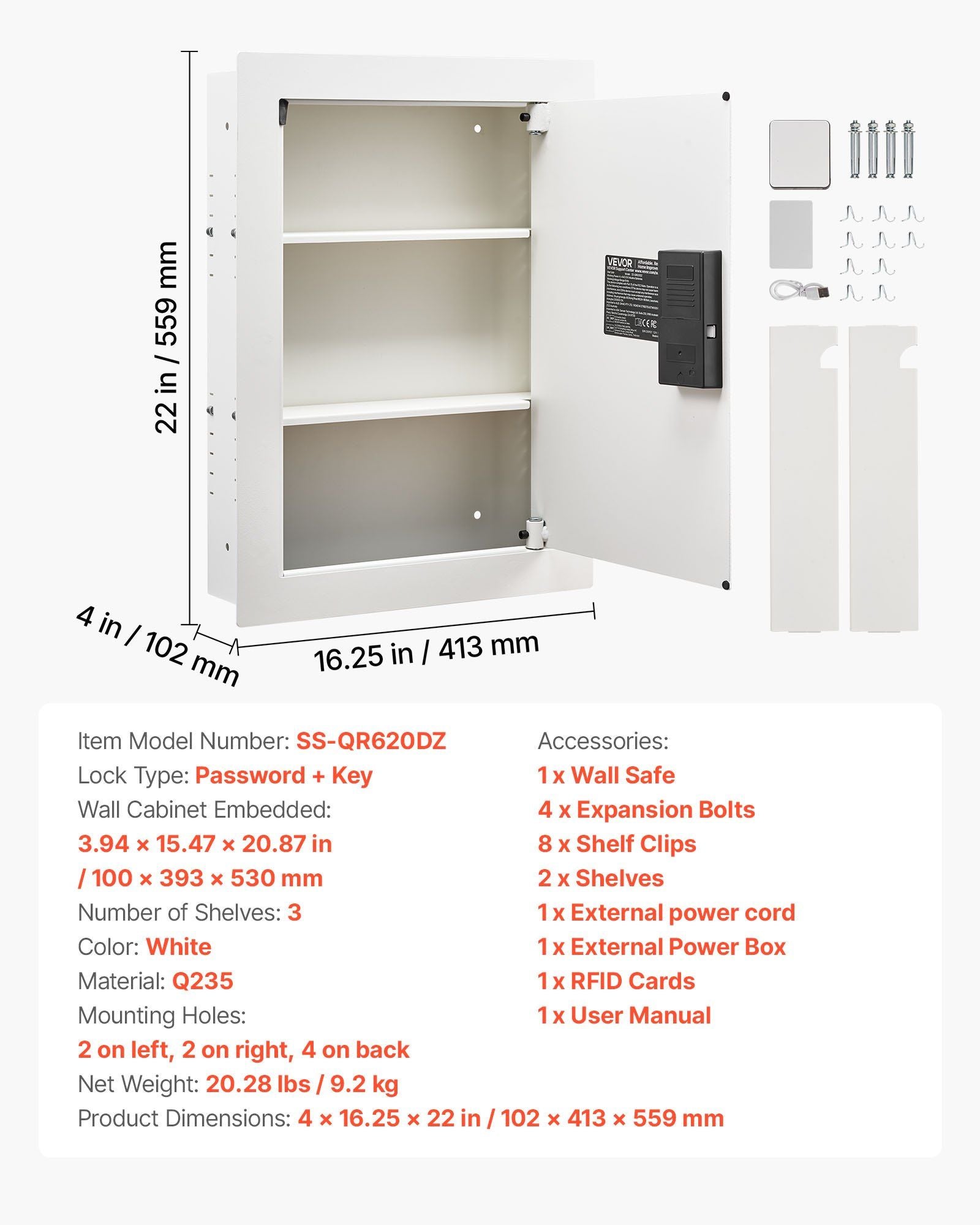 0.83 sq.ft Wall Safe, 3-Tier Hidden Wall Safe with Password, Key & Turning Knob, Q235 Cold-Rolled Steel V952-BGBXJ4162522X2SV6001V9