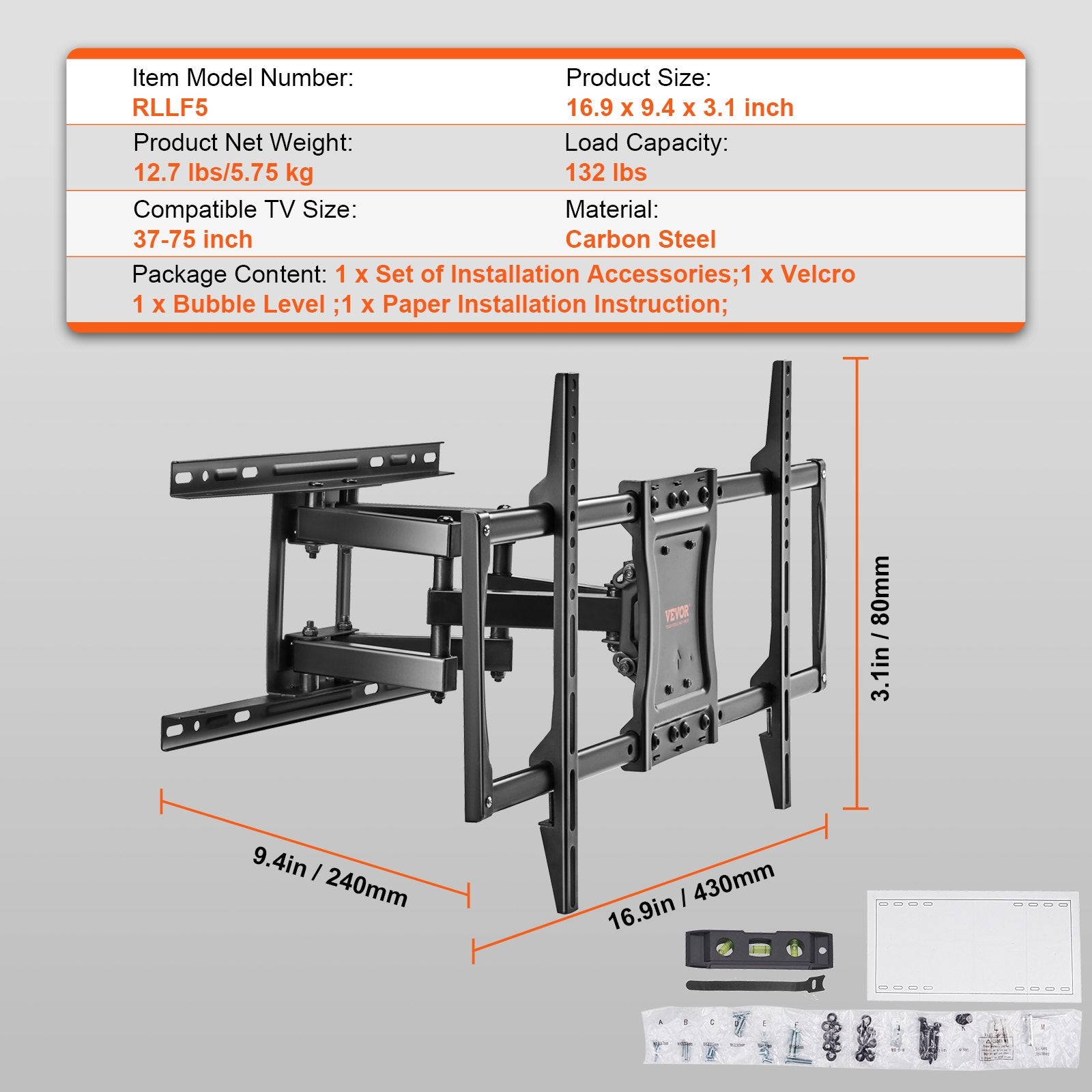 Full Motion TV Mount Fits for Most 37-75 inch TVs, Swivel Tilt Horizontal Adjustment TV Wall Mount Bracket V952-BGD60040014618Q9DV0