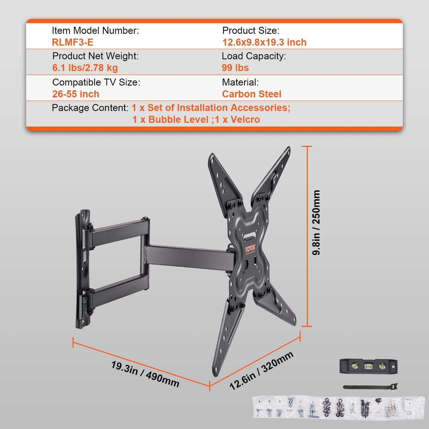 Full Motion TV Mount Fits for Most 26-55 inch TVs, Swivel Tilt Horizontal Adjustment TV Wall Mount Bracket V952-BGDSZ4004001900KLV0