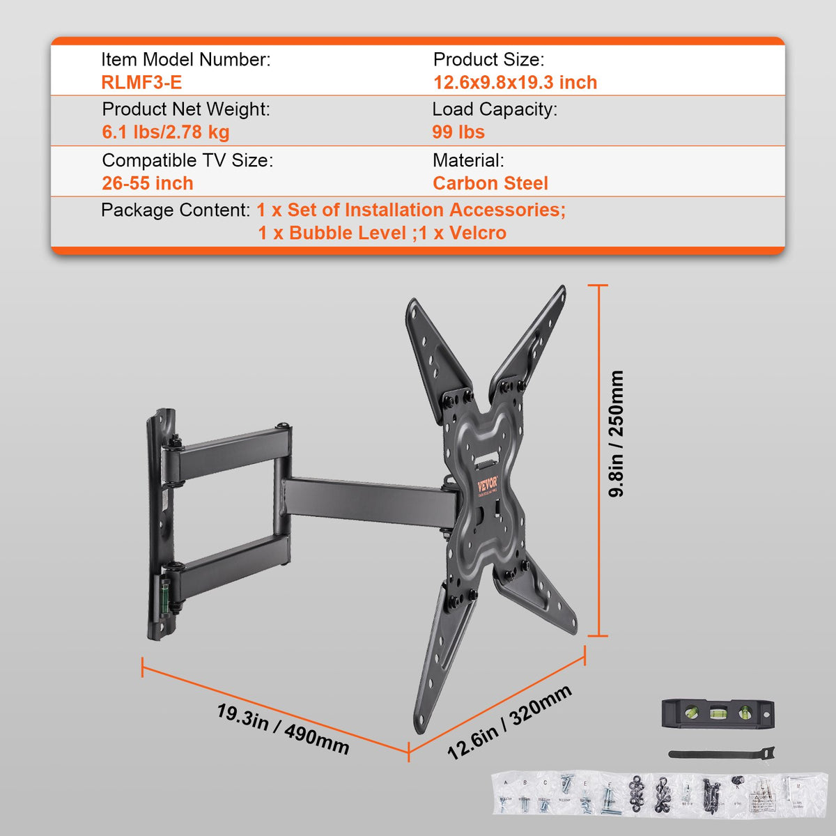 Full Motion TV Mount Fits for Most 26-55 inch TVs, Swivel Tilt Horizontal Adjustment TV Wall Mount Bracket V952-BGDSZ4004001900KLV0