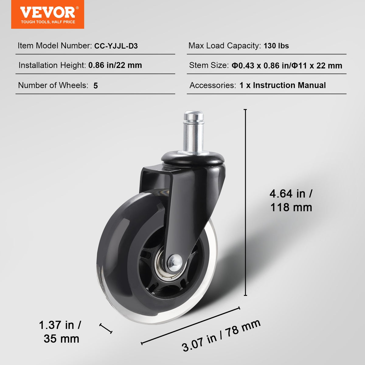 Office Chair Wheels, Set of 5, 76.2 mm Caster Wheels Replacement for Hardwood Floors and Carpet, Heavy Duty V952-BGLGJAZ3INCH1FZCLV0