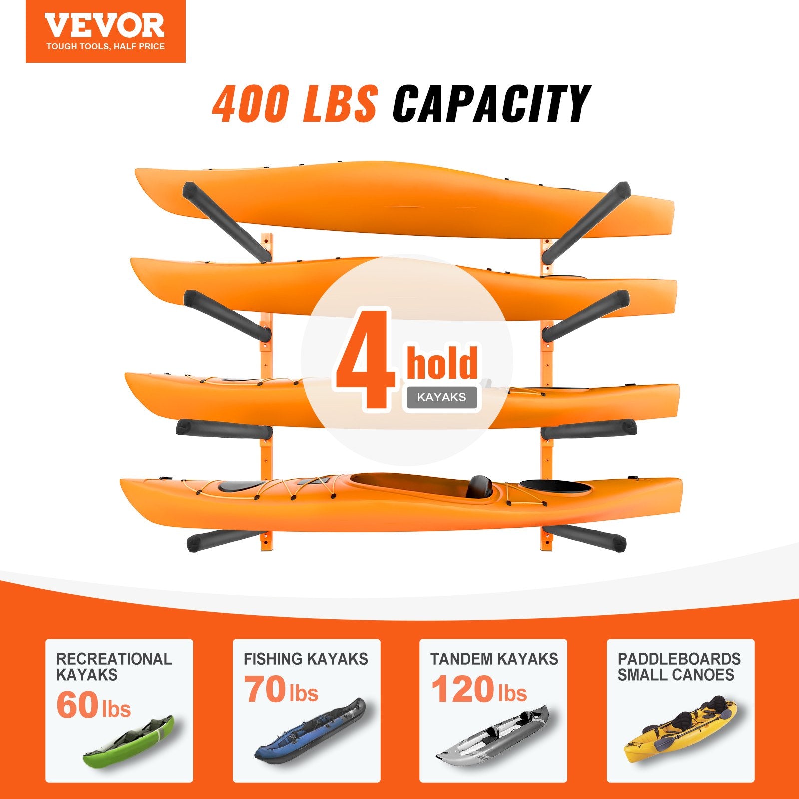 Wall Kayak Storage Rack, 4-Capacity Wall Mounted Kayak Holders for Kayak Canoe Paddle Board, Kayak Storage V952-BGS4G0000000MMS6PV0