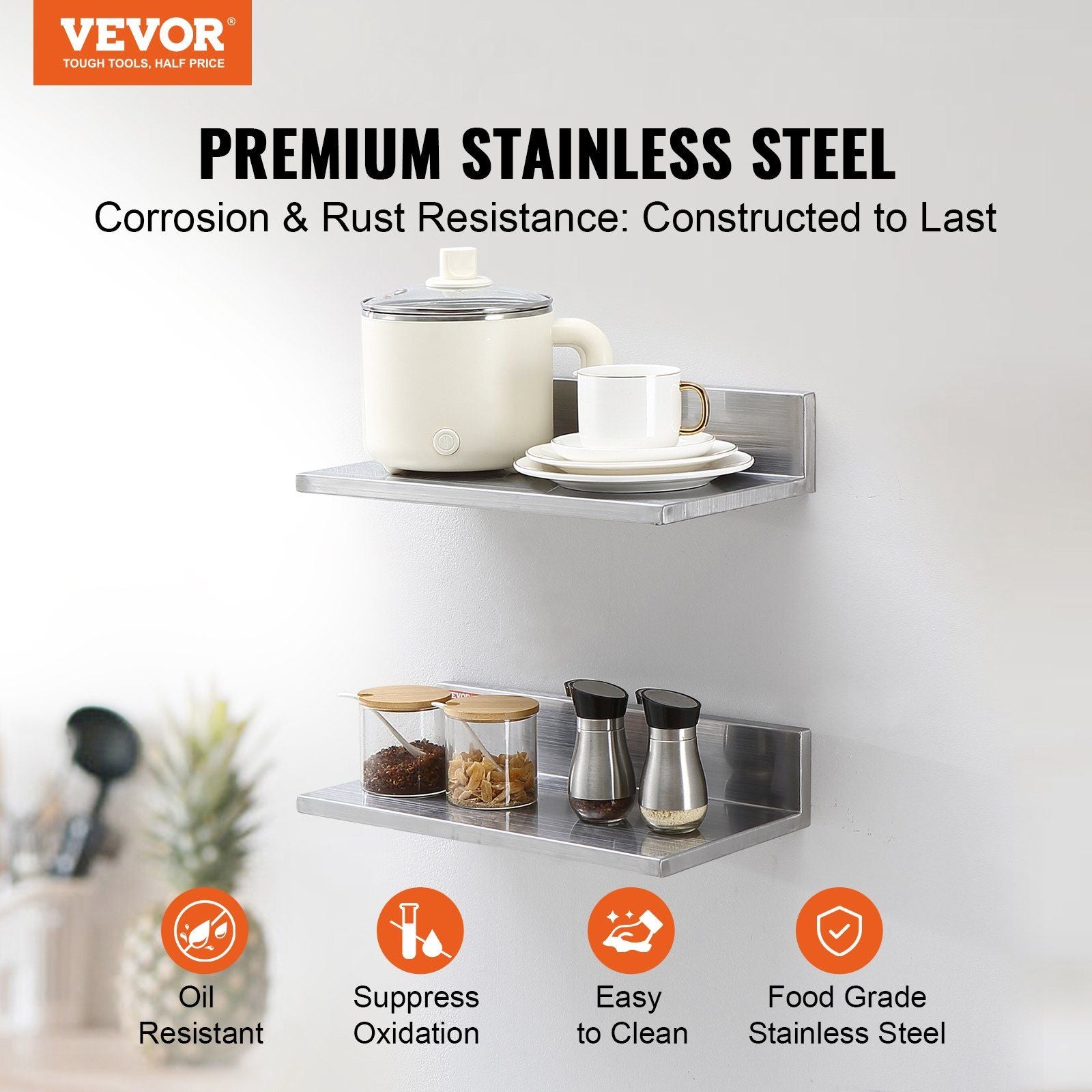 21.8 x 40.6 cm Stainless Steel Shelf, Wall Mounted Floating Shelving with Backsplash, 20 kg Load Capacity V952-BGSCTTLL86162MWQSV0