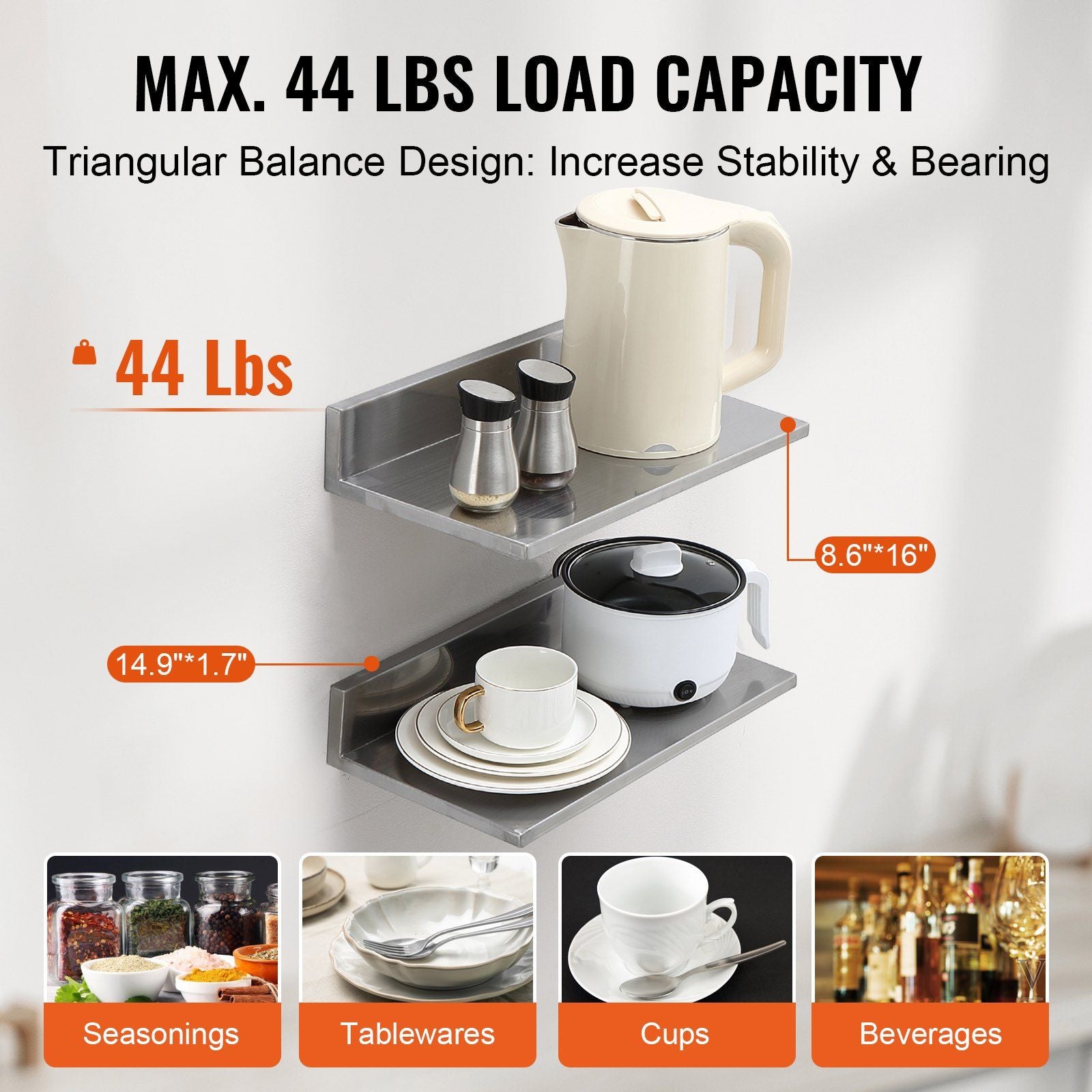 21.8 x 40.6 cm Stainless Steel Shelf, Wall Mounted Floating Shelving with Backsplash, 20 kg Load Capacity V952-BGSCTTLL86162MWQSV0