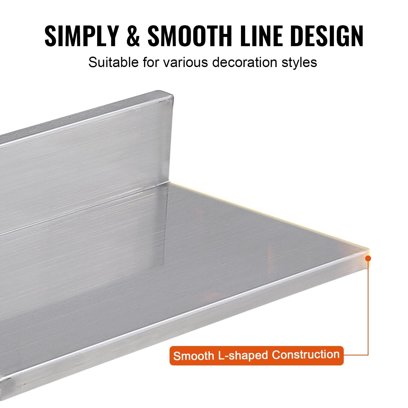 21.8 x 40.6 cm Stainless Steel Shelf, Wall Mounted Floating Shelving with Backsplash, 20 kg Load Capacity V952-BGSCTTLL86162MWQSV0
