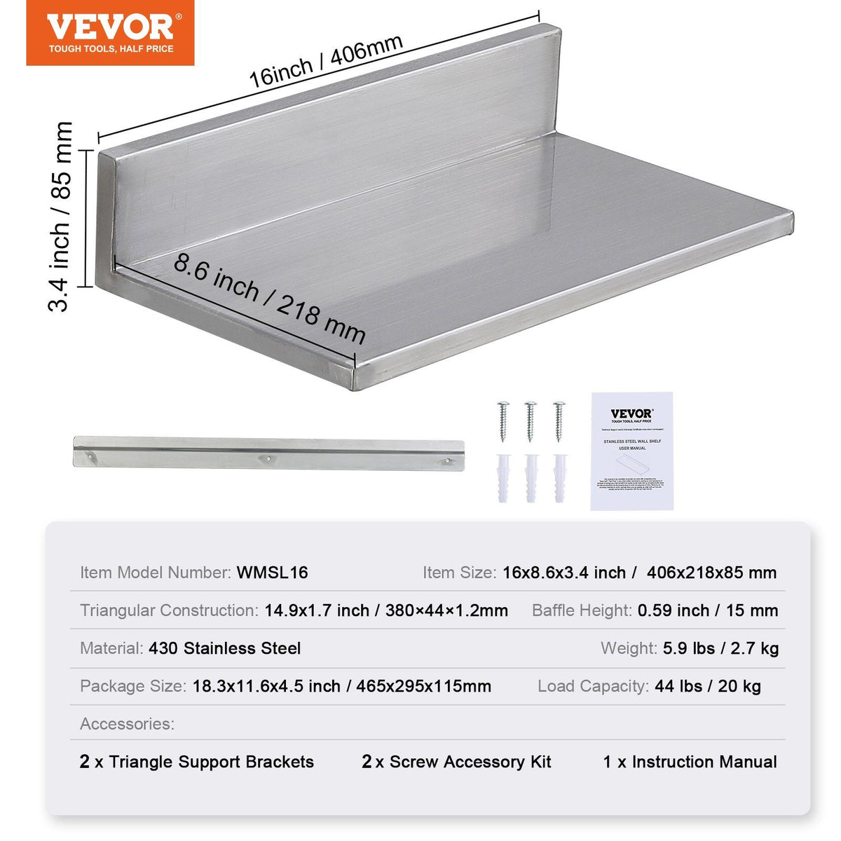 21.8 x 40.6 cm Stainless Steel Shelf, Wall Mounted Floating Shelving with Backsplash, 20 kg Load Capacity V952-BGSCTTLL86162MWQSV0
