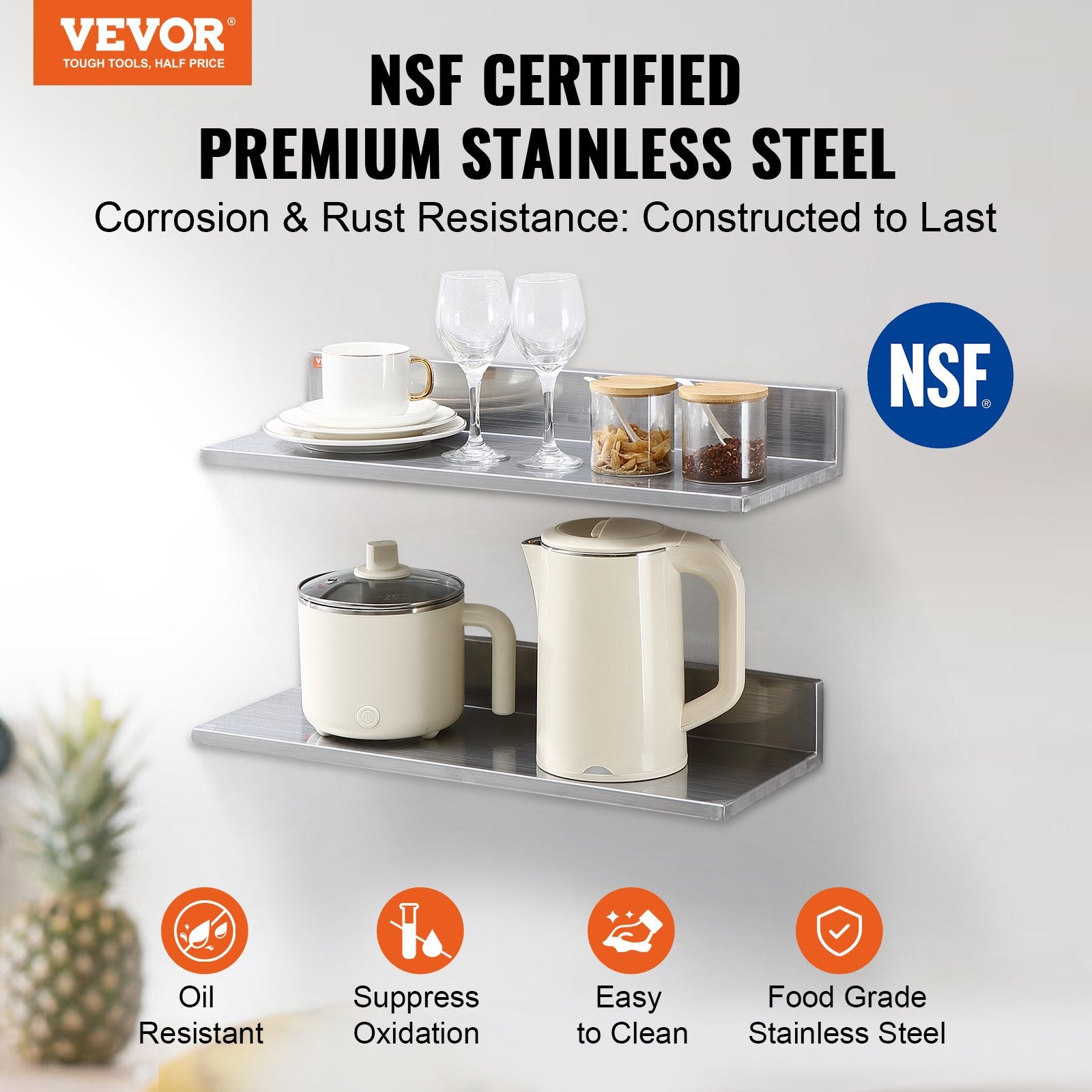 8.6" x 24" Stainless Steel Shelf, Wall Mounted Floating Shelving with Backsplash, 44 lbs Load Capacity V952-BGSCTTLL86242HBE0V0