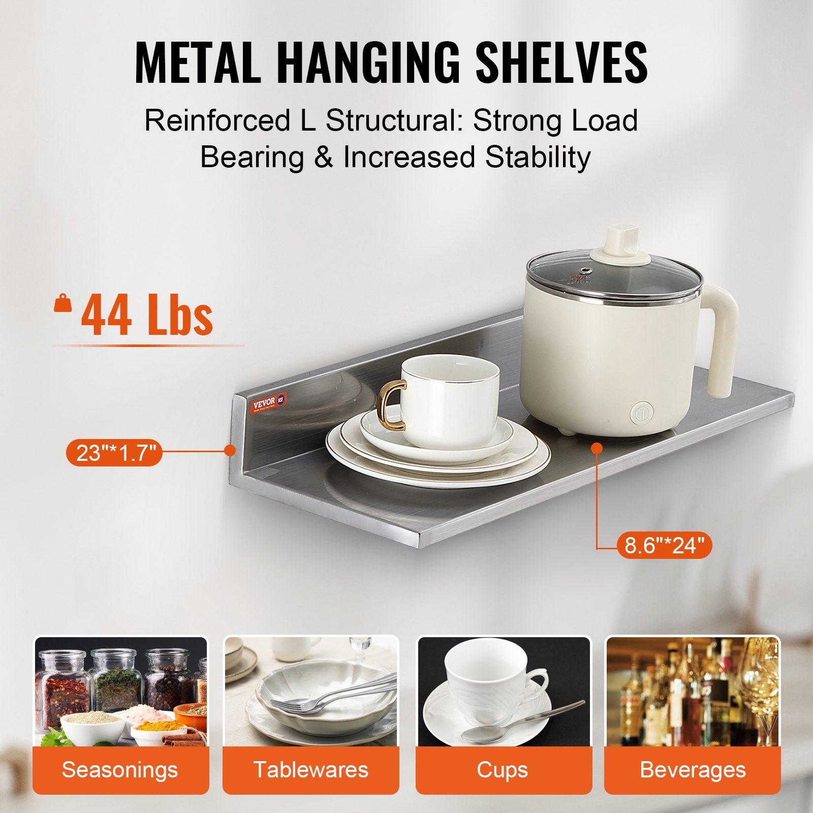 8.6" x 24" Stainless Steel Shelf, Wall Mounted Floating Shelving with Backsplash, 44 lbs Load Capacity V952-BGSCTTLL86242HBE0V0