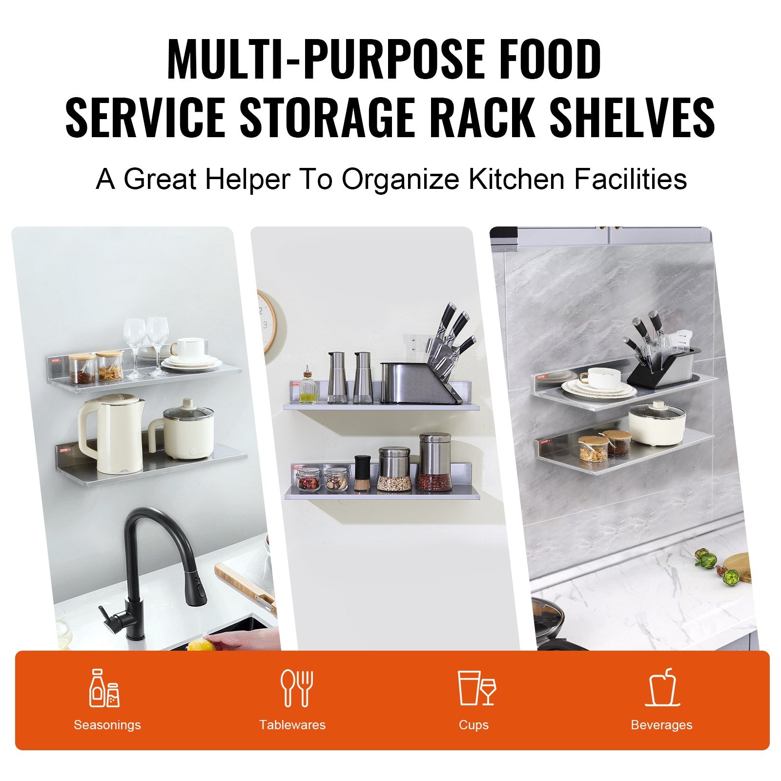 8.6" x 24" Stainless Steel Shelf, Wall Mounted Floating Shelving with Backsplash, 44 lbs Load Capacity V952-BGSCTTLL86242HBE0V0