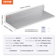 8.6" x 24" Stainless Steel Shelf, Wall Mounted Floating Shelving with Backsplash, 44 lbs Load Capacity V952-BGSCTTLL86242HBE0V0