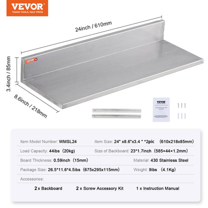 8.6" x 24" Stainless Steel Shelf, Wall Mounted Floating Shelving with Backsplash, 44 lbs Load Capacity V952-BGSCTTLL86242HBE0V0