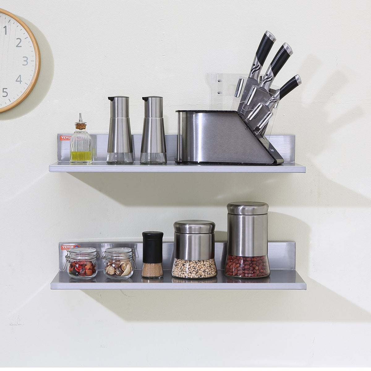8.6" x 24" Stainless Steel Shelf, Wall Mounted Floating Shelving with Backsplash, 44 lbs Load Capacity V952-BGSCTTLL86242HBE0V0