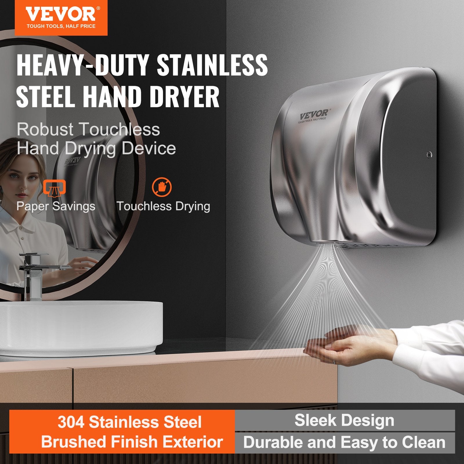 Heavy Duty Commercial Hand Dryer, 1800W Automatic High Speed Stainless Steel Warm Wind Hand Blower, 220V-240V V952-BGSGSJBXGZDGAR9TKV3
