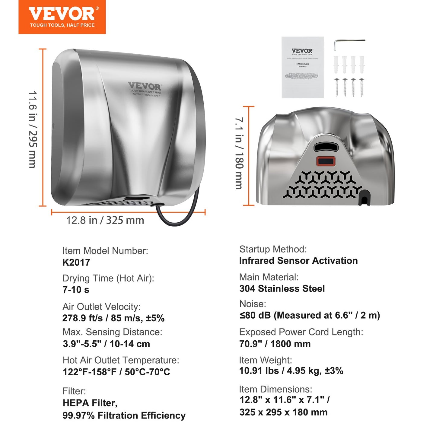Heavy Duty Commercial Hand Dryer, 1800W Automatic High Speed Stainless Steel Warm Wind Hand Blower, 220V-240V V952-BGSGSJBXGZDGAR9TKV3