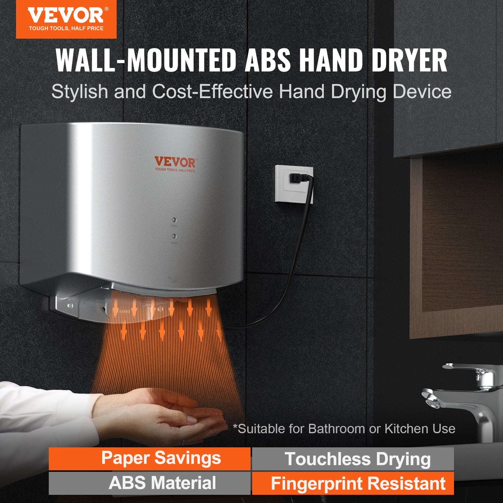 Heavy Duty Commercial Hand Dryer, 1400W Automatic High Speed ABS Warm Wind Hand Blower, 220V-240V & Built-In V952-BGSGSJYSZDGYBNB71V3