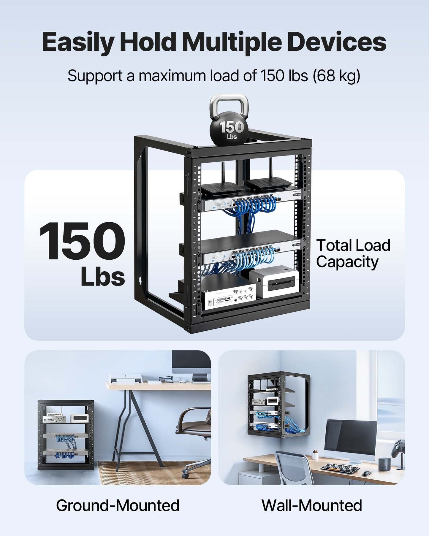 12U Wall Mount Server Rack, 68.04 kg Max Load Capacity, Open Frame Network Rack with 180 Degrees Gate Swing V952-BGSJJ12U18YC9I110001V0
