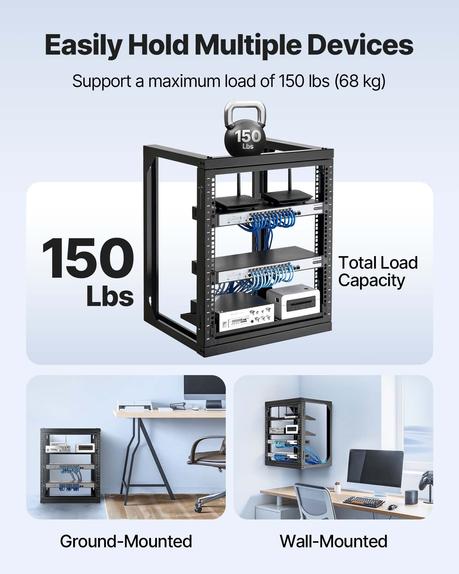 12U Wall Mount Server Rack, 68.04 kg Max Load Capacity, Open Frame Network Rack with 180 Degrees Gate Swing V952-BGSJJ12U18YC9I110001V0
