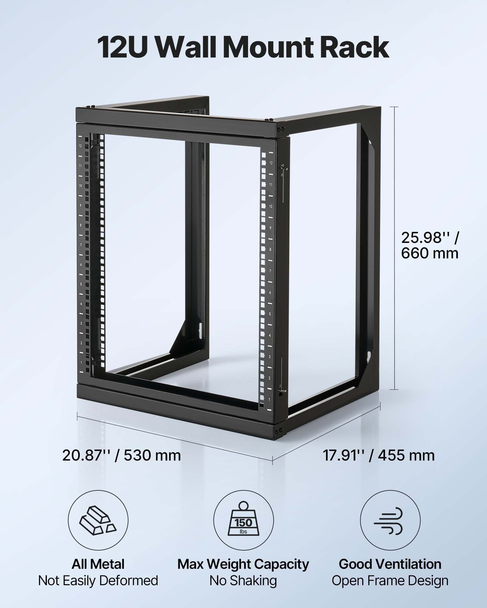 12U Wall Mount Server Rack, 68.04 kg Max Load Capacity, Open Frame Network Rack with 180 Degrees Gate Swing V952-BGSJJ12U18YC9I110001V0