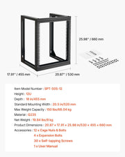 12U Wall Mount Server Rack, 68.04 kg Max Load Capacity, Open Frame Network Rack with 180 Degrees Gate Swing V952-BGSJJ12U18YC9I110001V0