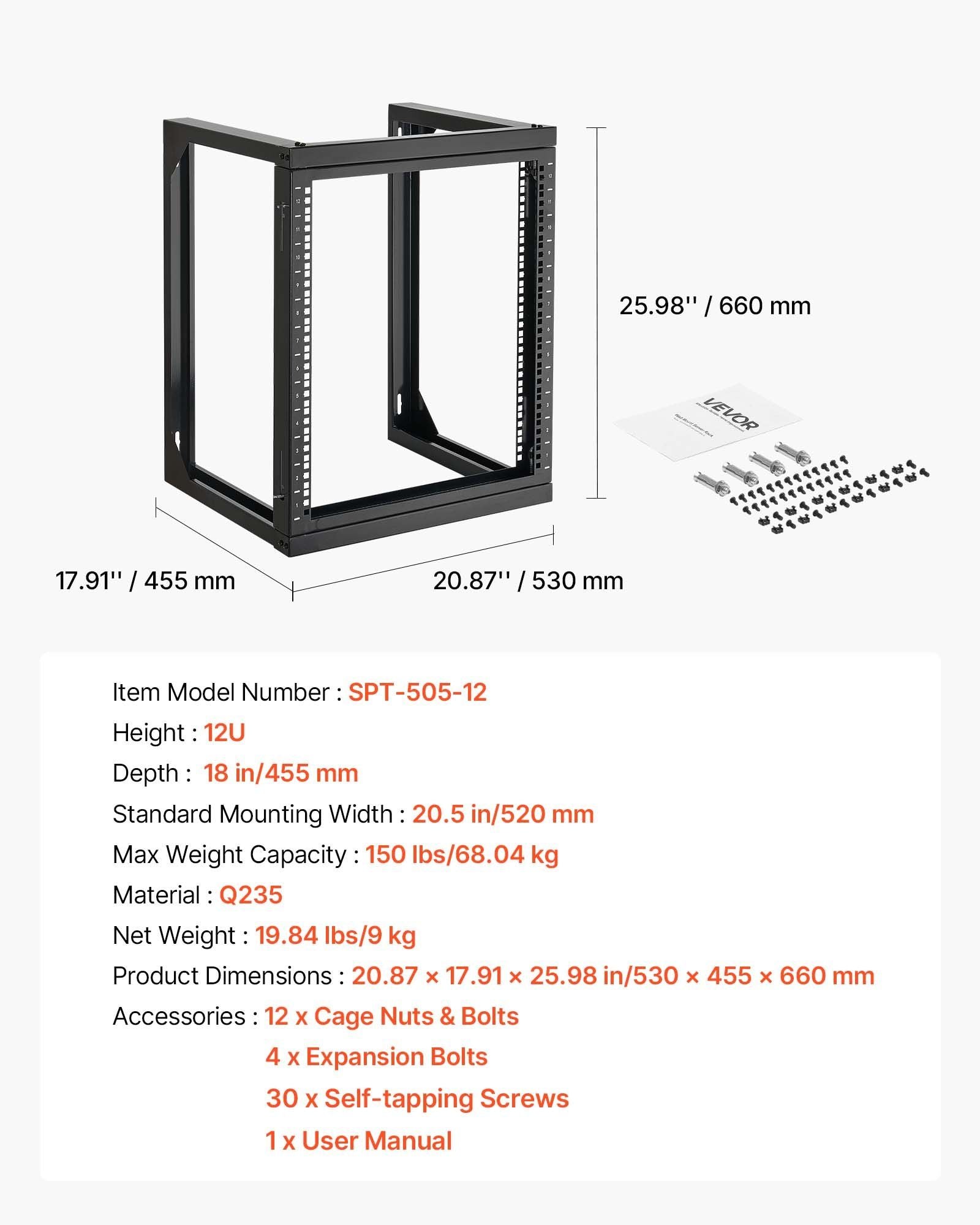 12U Wall Mount Server Rack, 68.04 kg Max Load Capacity, Open Frame Network Rack with 180 Degrees Gate Swing V952-BGSJJ12U18YC9I110001V0