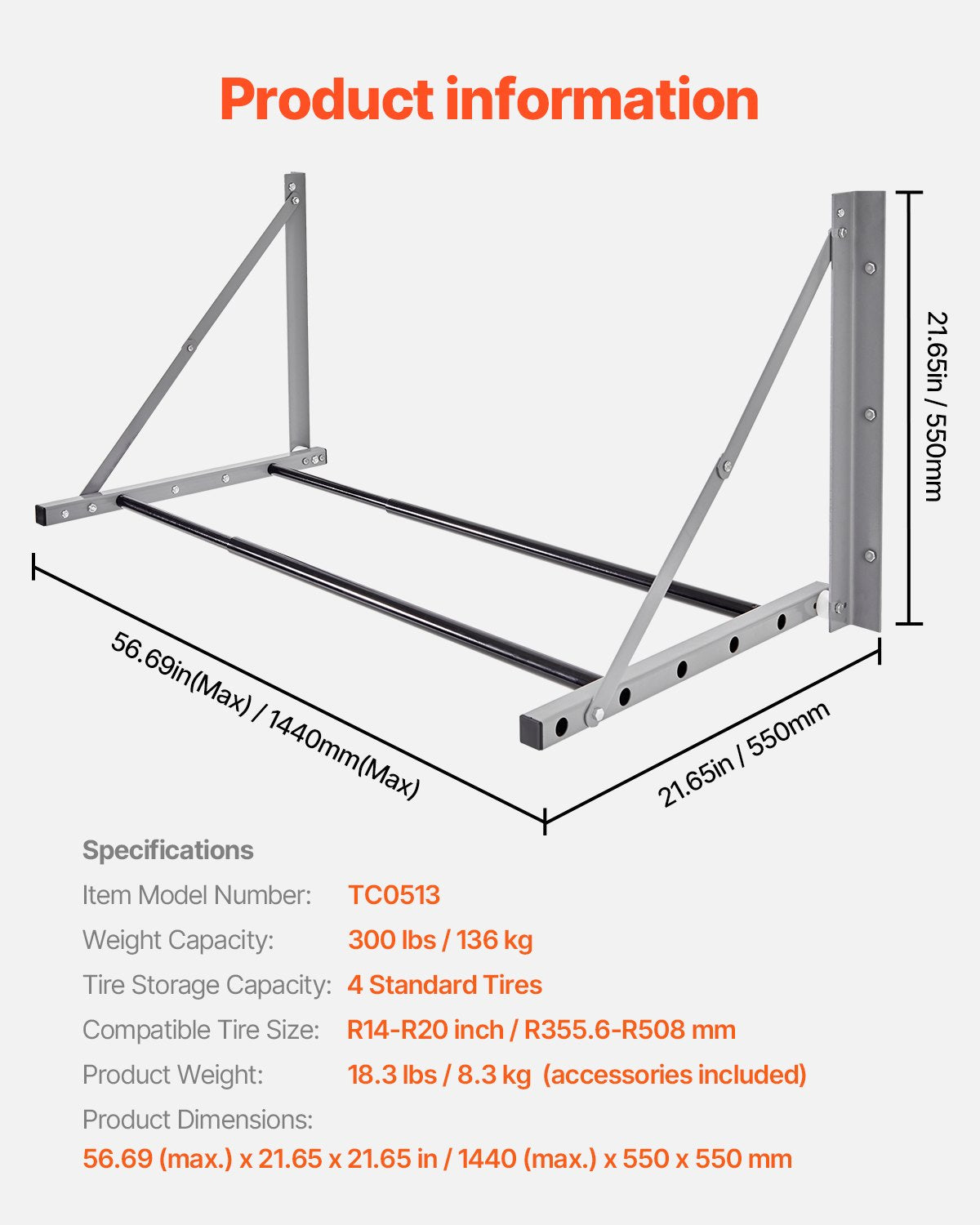 Wall Mounted Folding Tire Rack, 32" - 48" Adjustable Tire Rack, Q235 Heavy-Duty Steel Tire Storage Rack for V952-BGSLTJKDKDJ3PDEVOV0