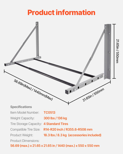 Wall Mounted Folding Tire Rack, 32" - 48" Adjustable Tire Rack, Q235 Heavy-Duty Steel Tire Storage Rack for V952-BGSLTJKDKDJ3PDEVOV0