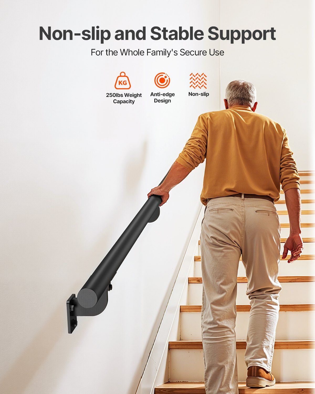 Wall Mounted Stair Handrail, 3665mm Pipe Staircase Handrail, Black Galvanized Aluminum, 32mm Pipe Diameter, V952-BGSLZYGFS12FAJ1NC001V0