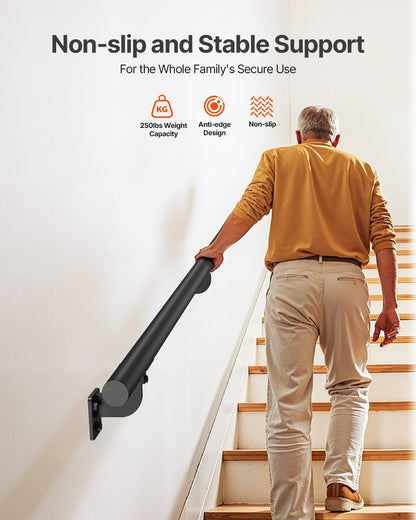 Wall Mounted Stair Handrail, 3665mm Pipe Staircase Handrail, Black Galvanized Aluminum, 32mm Pipe Diameter, V952-BGSLZYGFS12FAJ1NC001V0