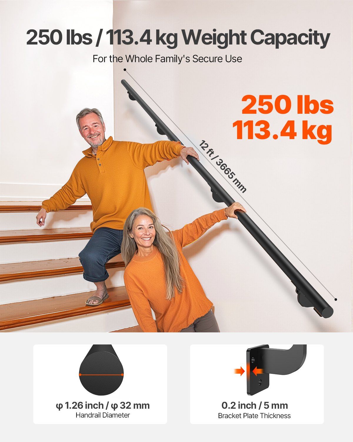 Wall Mounted Stair Handrail, 3665mm Pipe Staircase Handrail, Black Galvanized Aluminum, 32mm Pipe Diameter, V952-BGSLZYGFS12FAJ1NC001V0