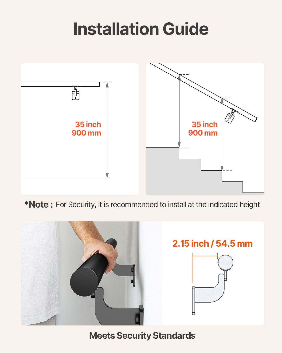 Wall Mounted Stair Handrail, 3665mm Pipe Staircase Handrail, Black Galvanized Aluminum, 32mm Pipe Diameter, V952-BGSLZYGFS12FAJ1NC001V0