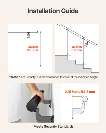 Wall Mounted Stair Handrail, 3665mm Pipe Staircase Handrail, Black Galvanized Aluminum, 32mm Pipe Diameter, V952-BGSLZYGFS12FAJ1NC001V0