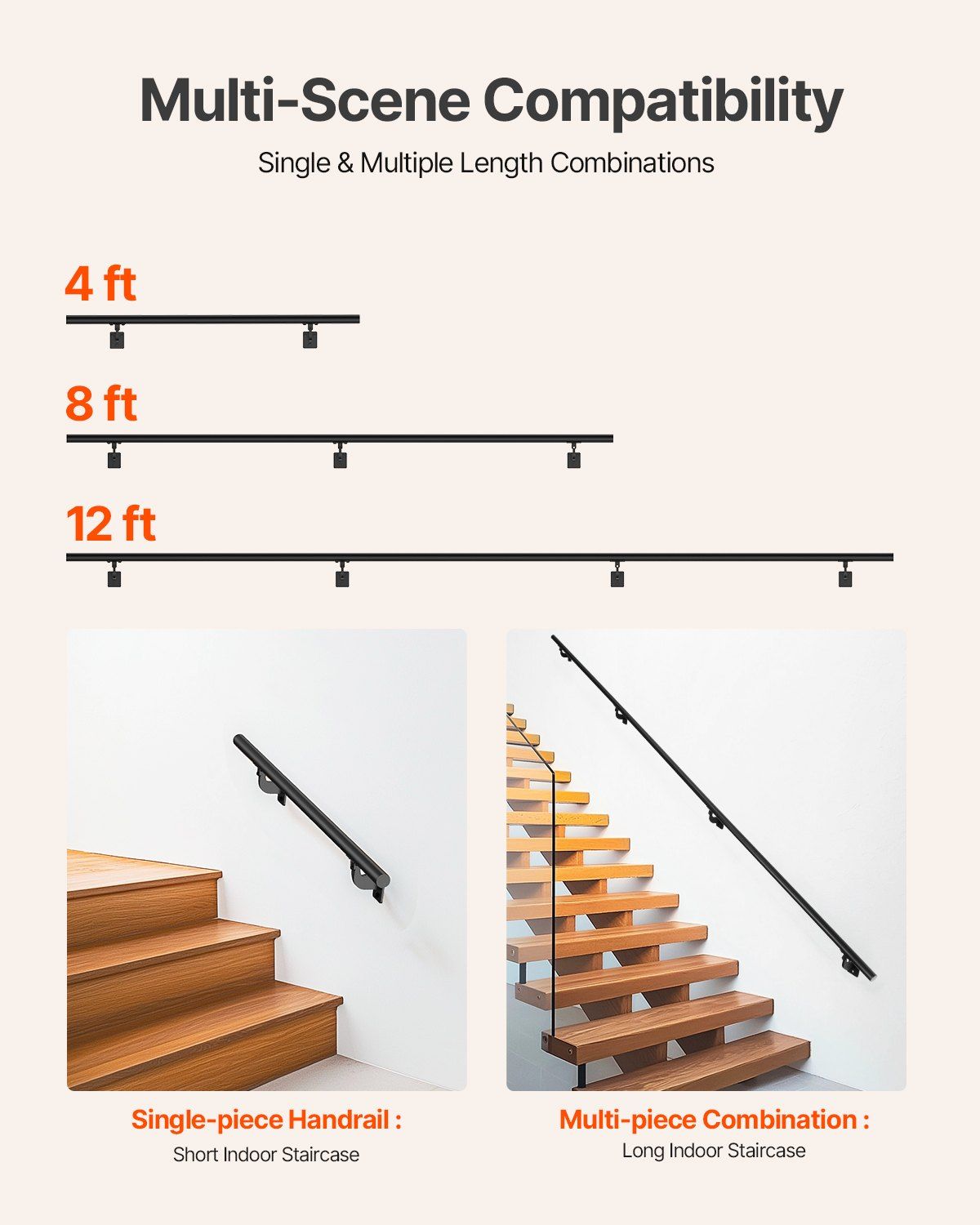 Wall Mounted Stair Handrail, 3665mm Pipe Staircase Handrail, Black Galvanized Aluminum, 32mm Pipe Diameter, V952-BGSLZYGFS12FAJ1NC001V0