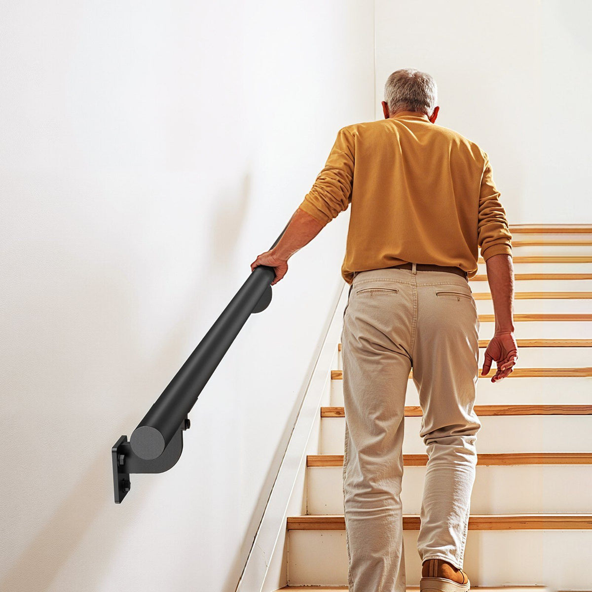 Wall Mounted Stair Handrail, 3665mm Pipe Staircase Handrail, Black Galvanized Aluminum, 32mm Pipe Diameter, V952-BGSLZYGFS12FAJ1NC001V0