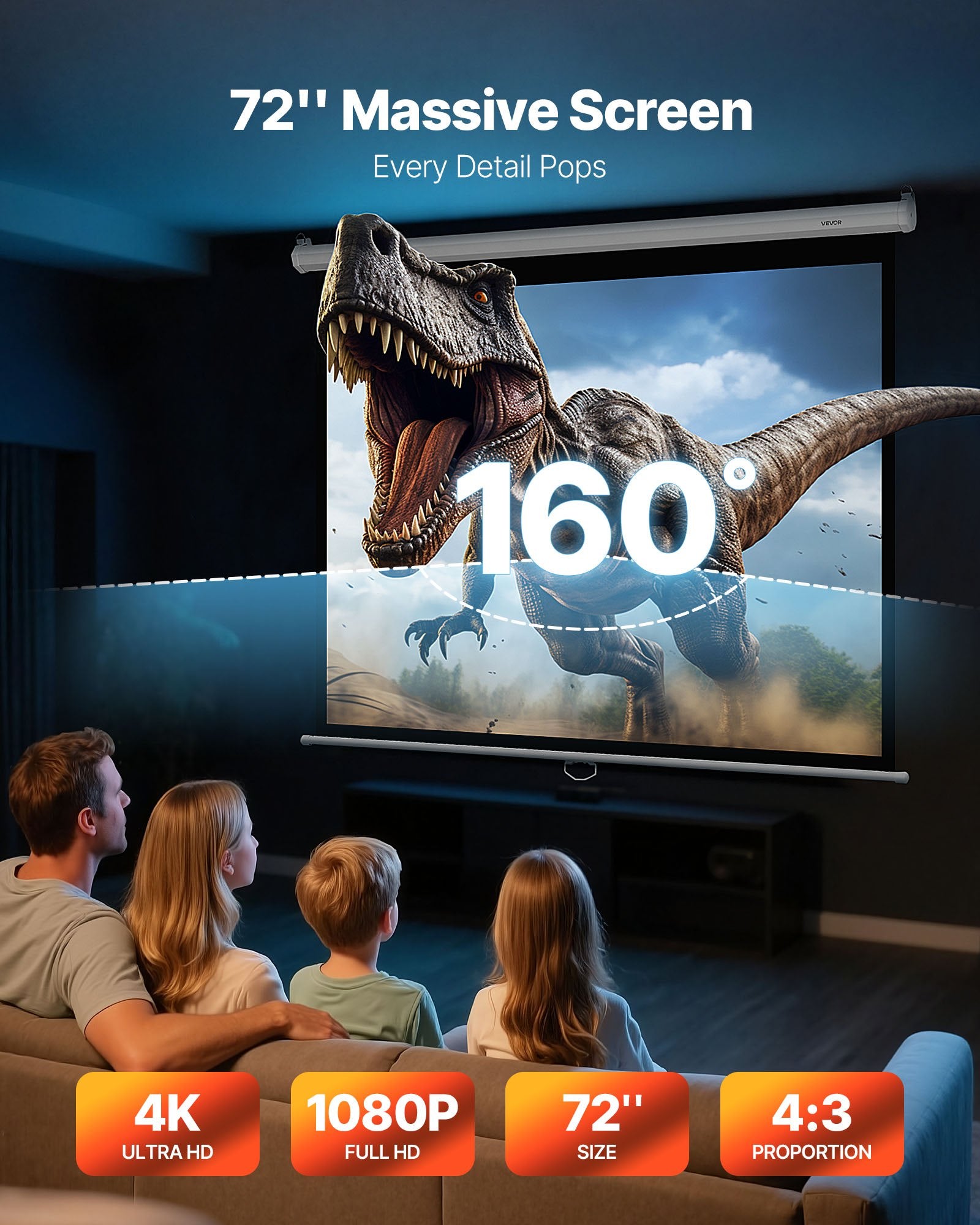 Manual Projector Screen, 1829 mm 4:3 4K 1080 HD Retractable Pull Down Projector Screen, Wall Mounted Movie V952-BGSTYPMBGSSDBNL19001V0