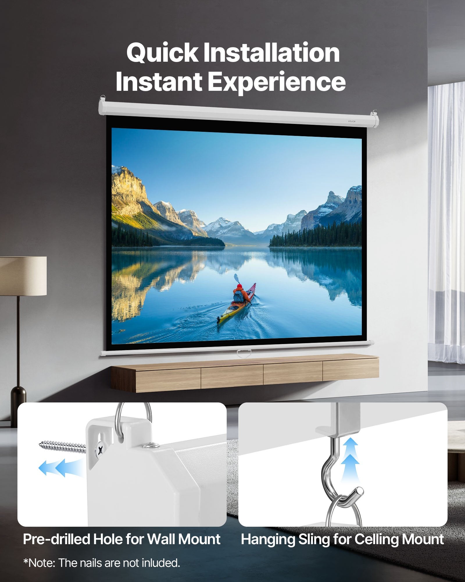 Manual Projector Screen, 1829 mm 4:3 4K 1080 HD Retractable Pull Down Projector Screen, Wall Mounted Movie V952-BGSTYPMBGSSDBNL19001V0
