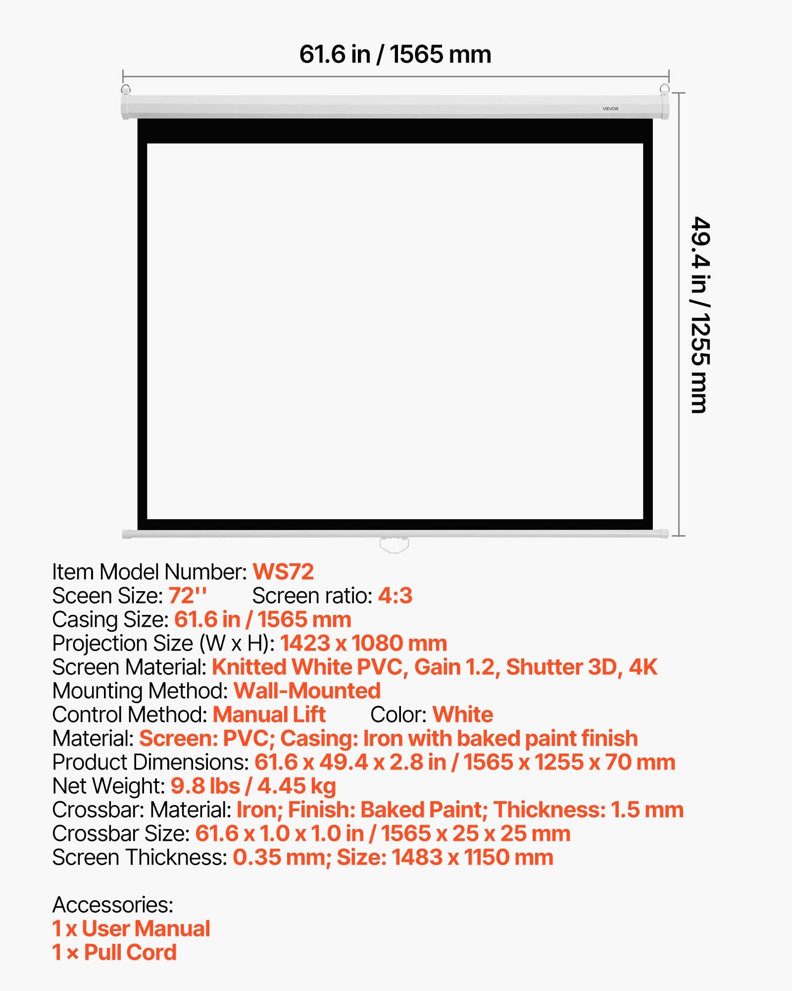 Manual Projector Screen, 1829 mm 4:3 4K 1080 HD Retractable Pull Down Projector Screen, Wall Mounted Movie V952-BGSTYPMBGSSDBNL19001V0