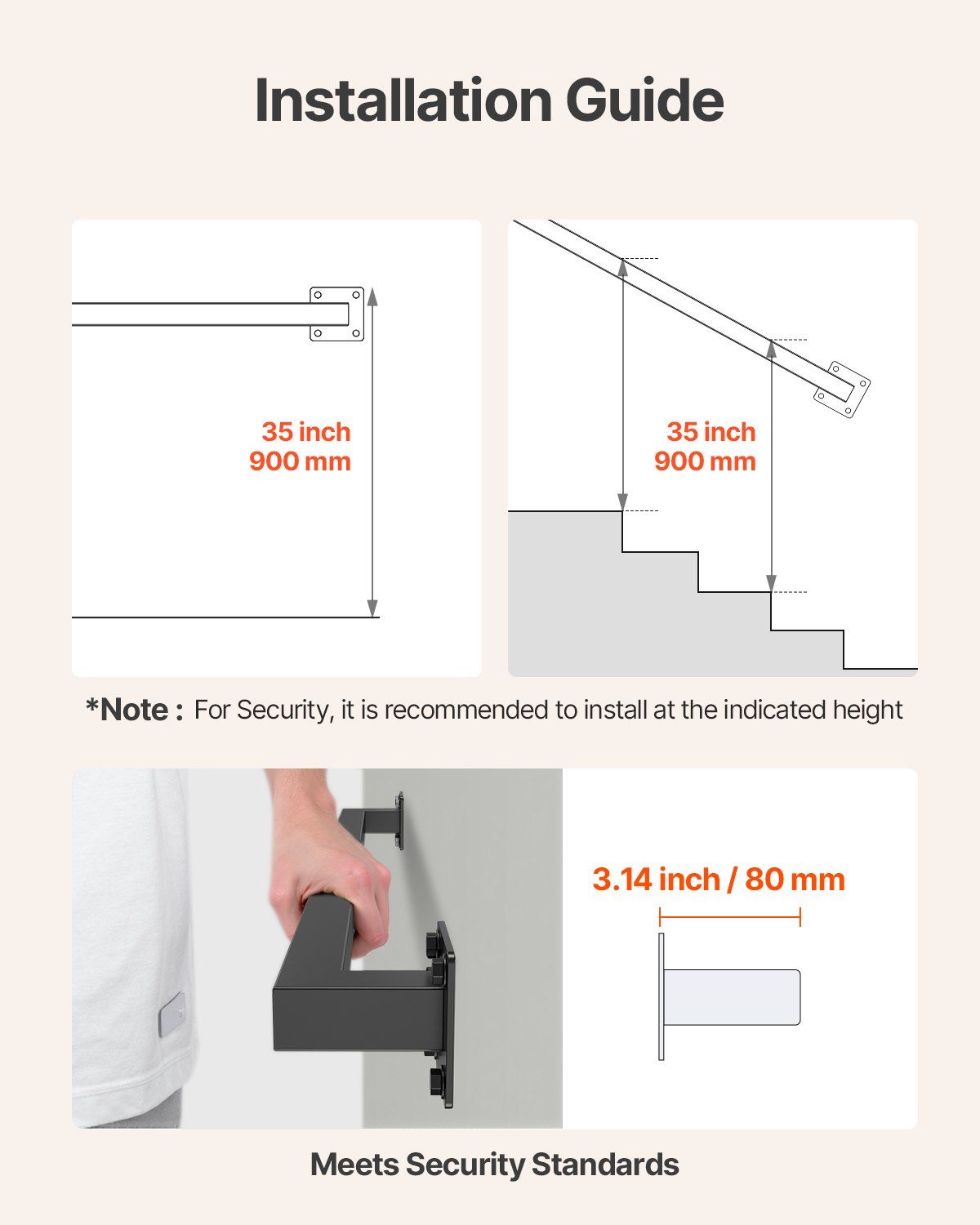 Wall Mounted Stair Handrail, 910mm Black Iron Staircase Handrail Indoor, 113kg Load Capacity, Industrial V952-BGSTZFGFS3FTNONYF001V0