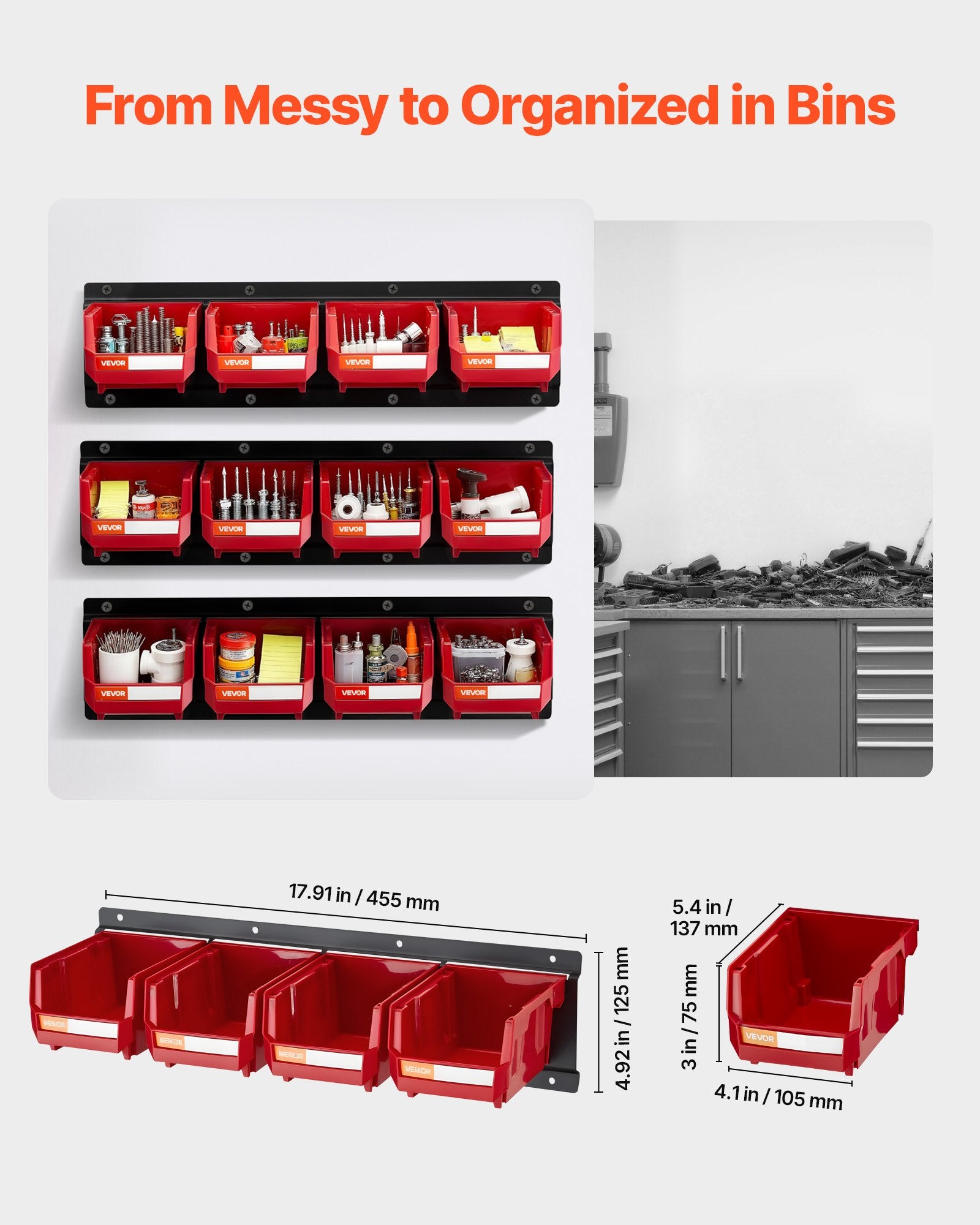 Wall Mounted Storage Bins, 12 Plastic Bins & 3 Metal Rails, Plastic Hanging Stackable Storage Bin for Screws, V952-BGSWLXGDBGSWDYGLO001V0