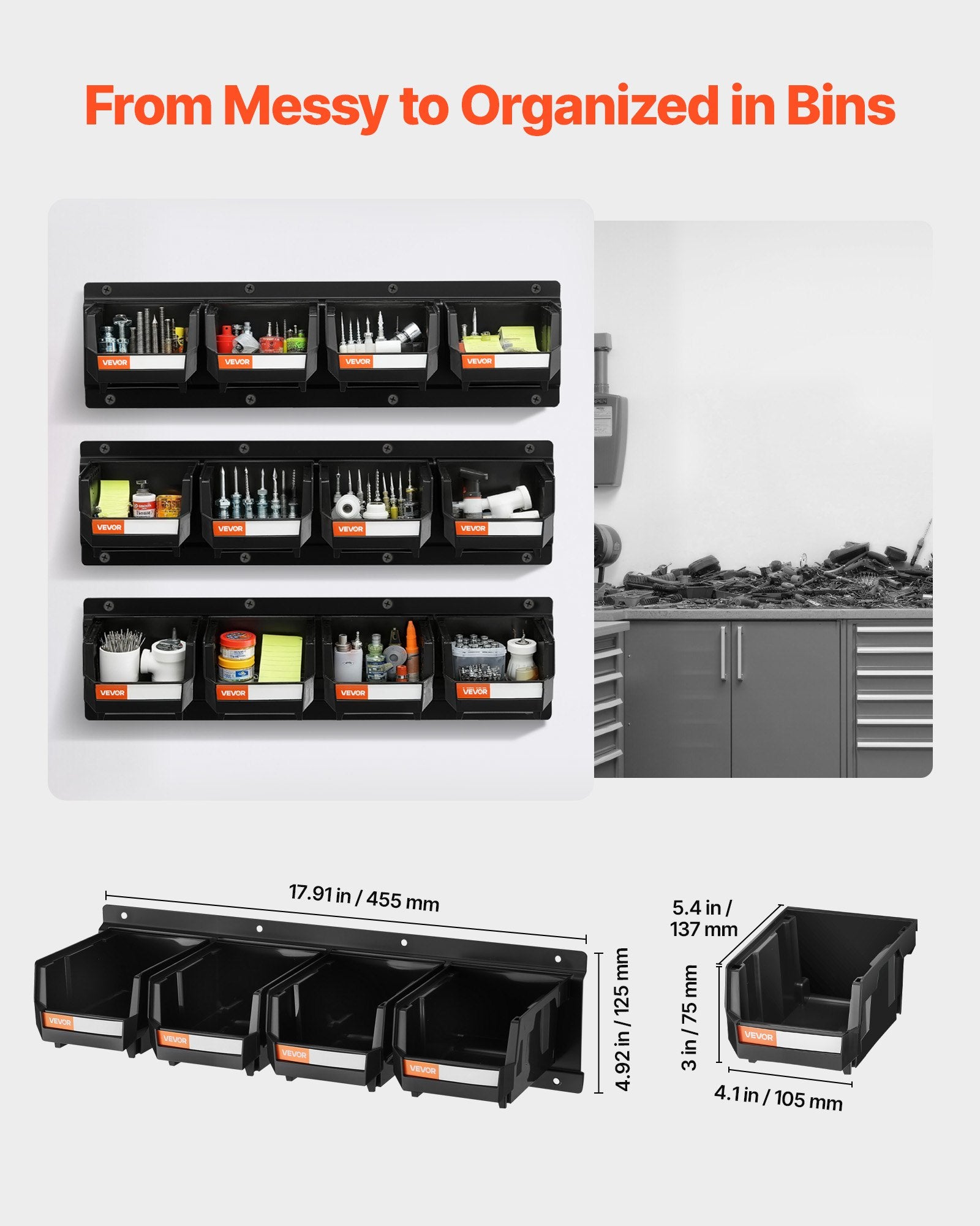 Wall Mounted Storage Bins, 12 Plastic Bins & 3 Metal Rails, Plastic Hanging Stackable Storage Bin for Screws, V952-BGSWLXGDBGSWXS1FU001V0