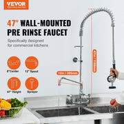 Commercial Faucet with Pre-Rinse Sprayer, 47" Height, 8" Center, 12" Swing Spout, Wall Mount Kitchen Sink V952-BGSYCXSLTBGS6DRW9V0
