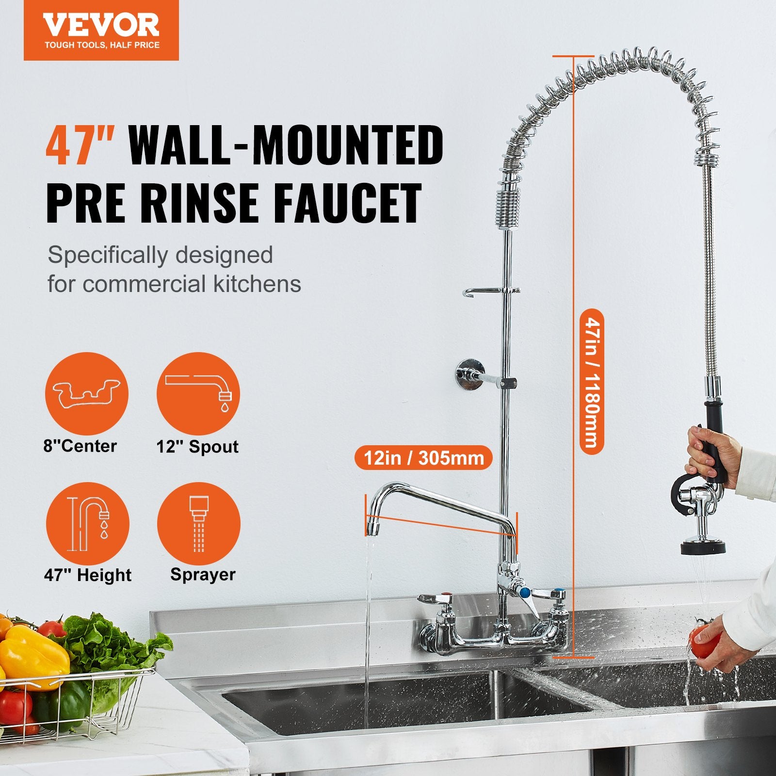 Commercial Faucet with Pre-Rinse Sprayer, 47" Height, 8" Center, 12" Swing Spout, Wall Mount Kitchen Sink V952-BGSYCXSLTBGS6DRW9V0