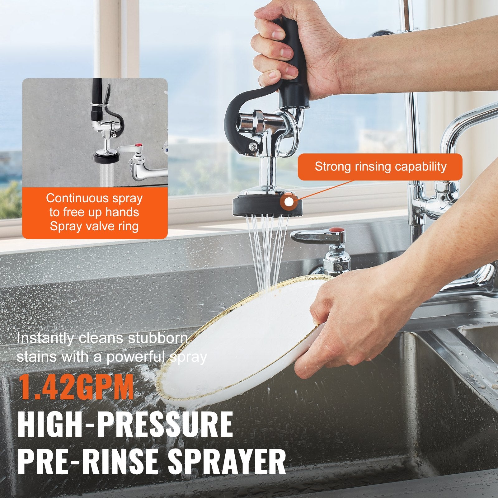 Commercial Faucet with Pre-Rinse Sprayer, 47" Height, 8" Center, 12" Swing Spout, Wall Mount Kitchen Sink V952-BGSYCXSLTBGS6DRW9V0