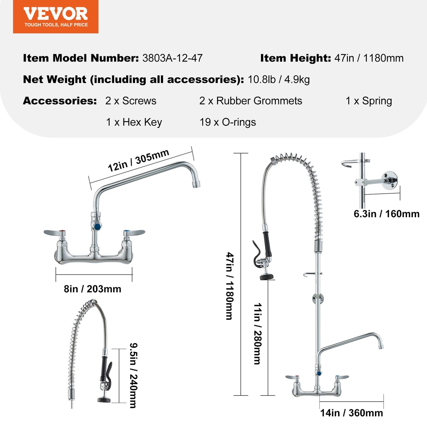 Commercial Faucet with Pre-Rinse Sprayer, 47" Height, 8" Center, 12" Swing Spout, Wall Mount Kitchen Sink V952-BGSYCXSLTBGS6DRW9V0
