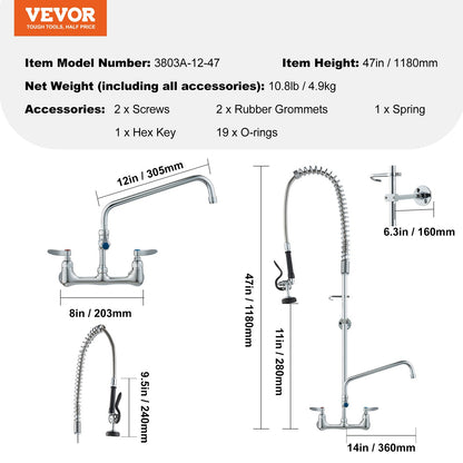 Commercial Faucet with Pre-Rinse Sprayer, 47" Height, 8" Center, 12" Swing Spout, Wall Mount Kitchen Sink V952-BGSYCXSLTBGS6DRW9V0