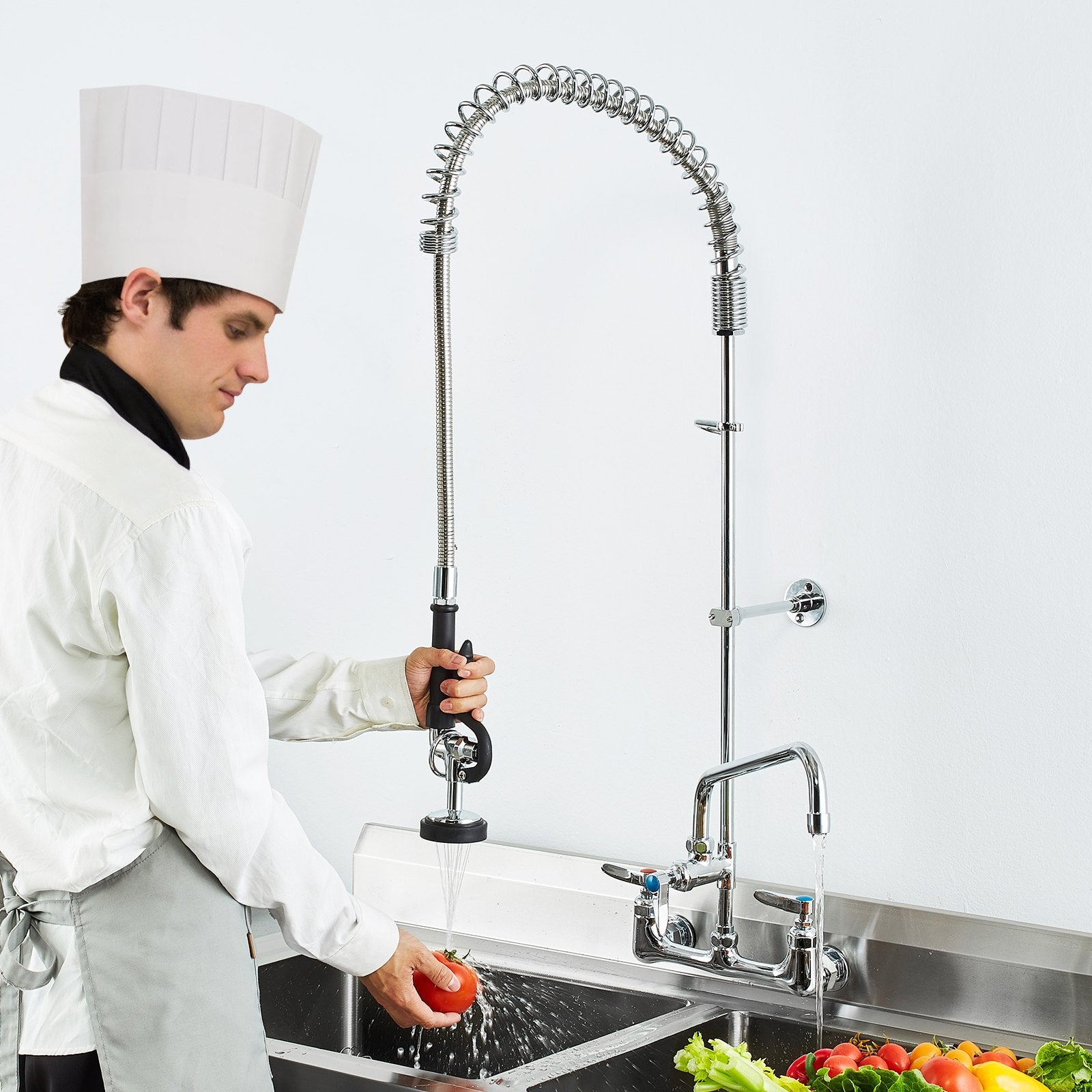 Commercial Faucet with Pre-Rinse Sprayer, 47" Height, 8" Center, 12" Swing Spout, Wall Mount Kitchen Sink V952-BGSYCXSLTBGS6DRW9V0
