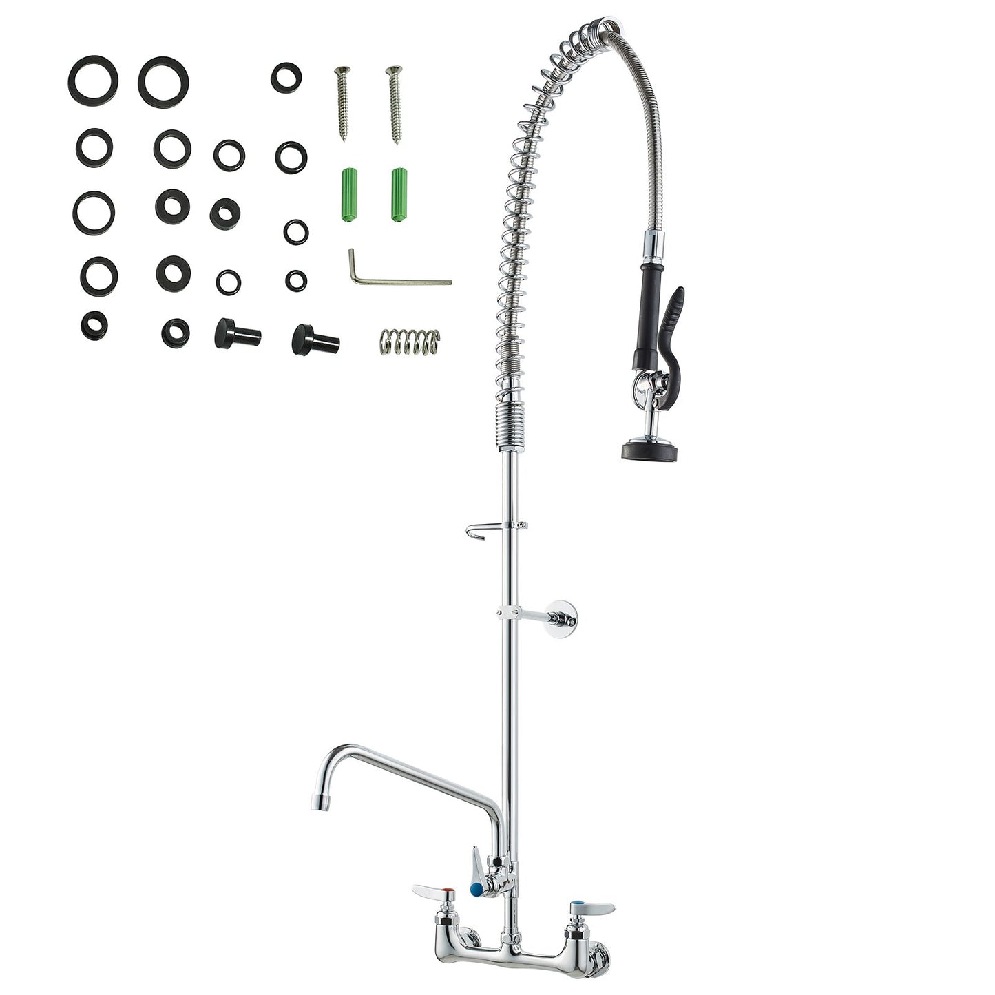 Commercial Faucet with Pre-Rinse Sprayer, 47" Height, 8" Center, 12" Swing Spout, Wall Mount Kitchen Sink V952-BGSYCXSLTBGS6DRW9V0