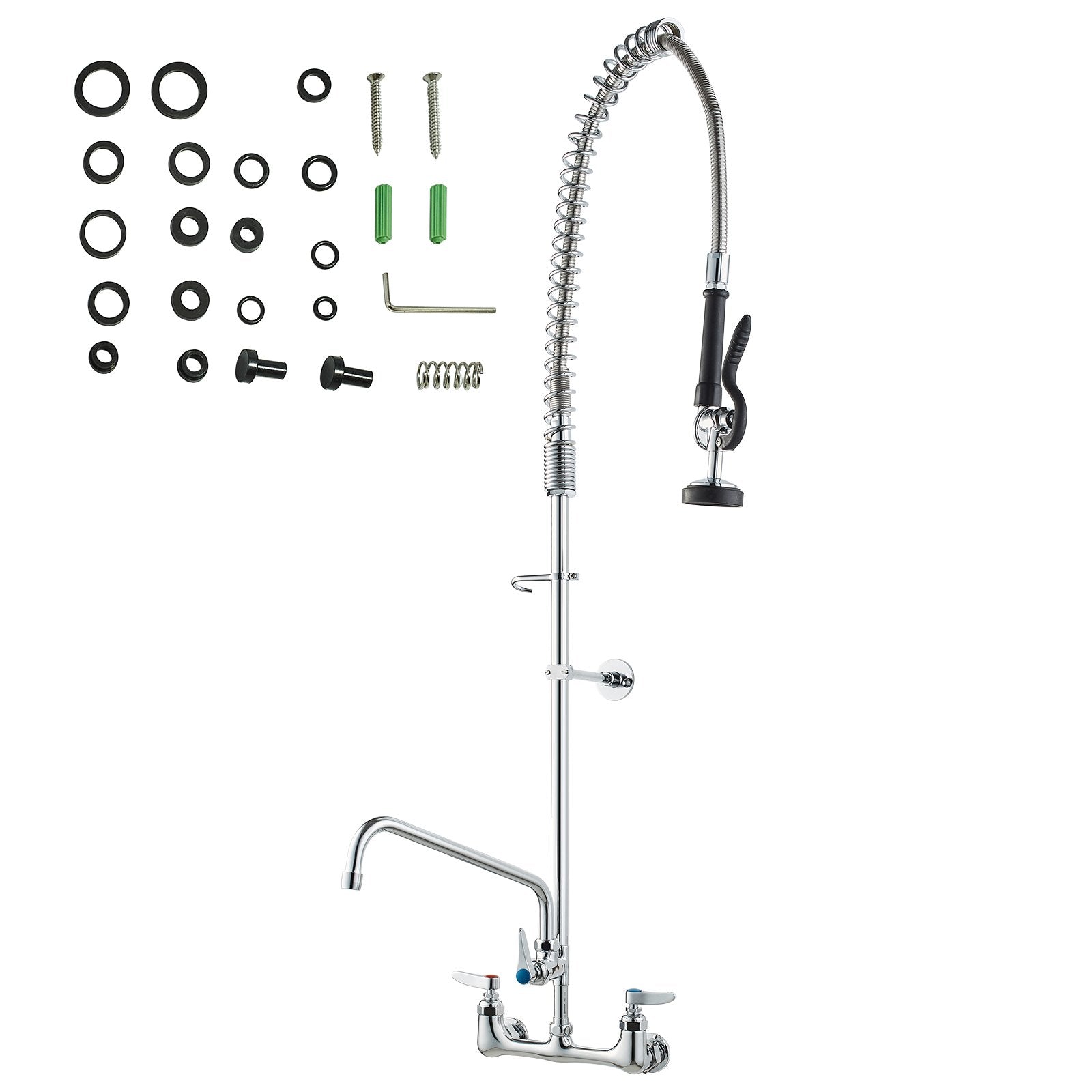 Commercial Faucet with Pre-Rinse Sprayer, 47" Height, 8" Center, 12" Swing Spout, Wall Mount Kitchen Sink V952-BGSYCXSLTBGS6DRW9V0