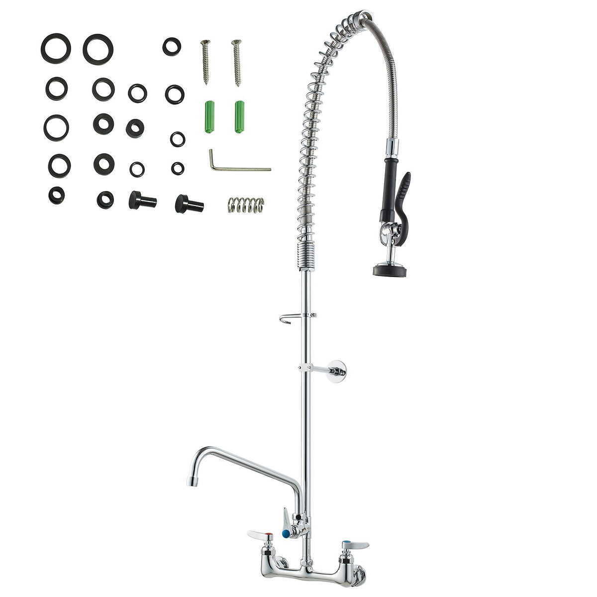 Commercial Faucet with Pre-Rinse Sprayer, 47" Height, 8" Center, 12" Swing Spout, Wall Mount Kitchen Sink V952-BGSYCXSLTBGS6DRW9V0