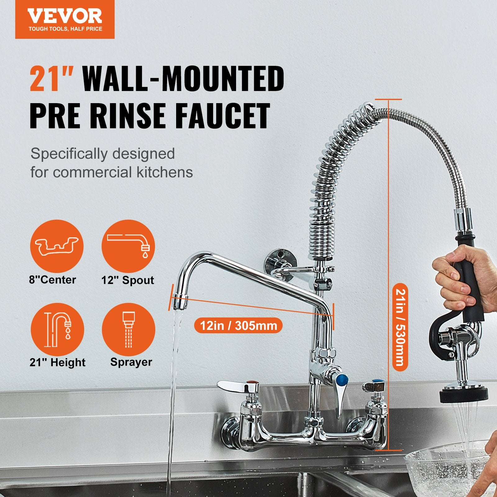 Commercial Faucet with Pre-Rinse Sprayer, 21" Height, 8" Center, 12" Swing Spout, Wall Mount Kitchen Sink V952-BGSYCXSLTBGS9X3ACV0